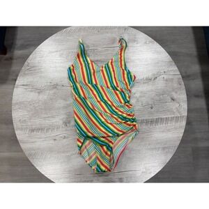 Speedo Rainbow Striped One Piece Swimsuit Ruched Tummy Control Size 12